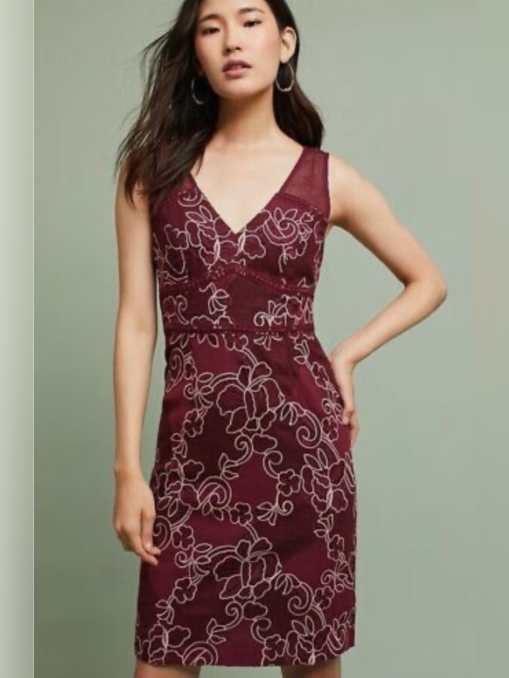 Anthropologie MOULINETTE SOEURS Ariana Lace Sheath Dress Floral Burgundy Lace 4